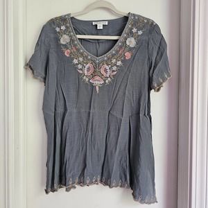 Coldwater Creek Short Sleeve Green Floral Boho Embroidered Blouse Top Petite L